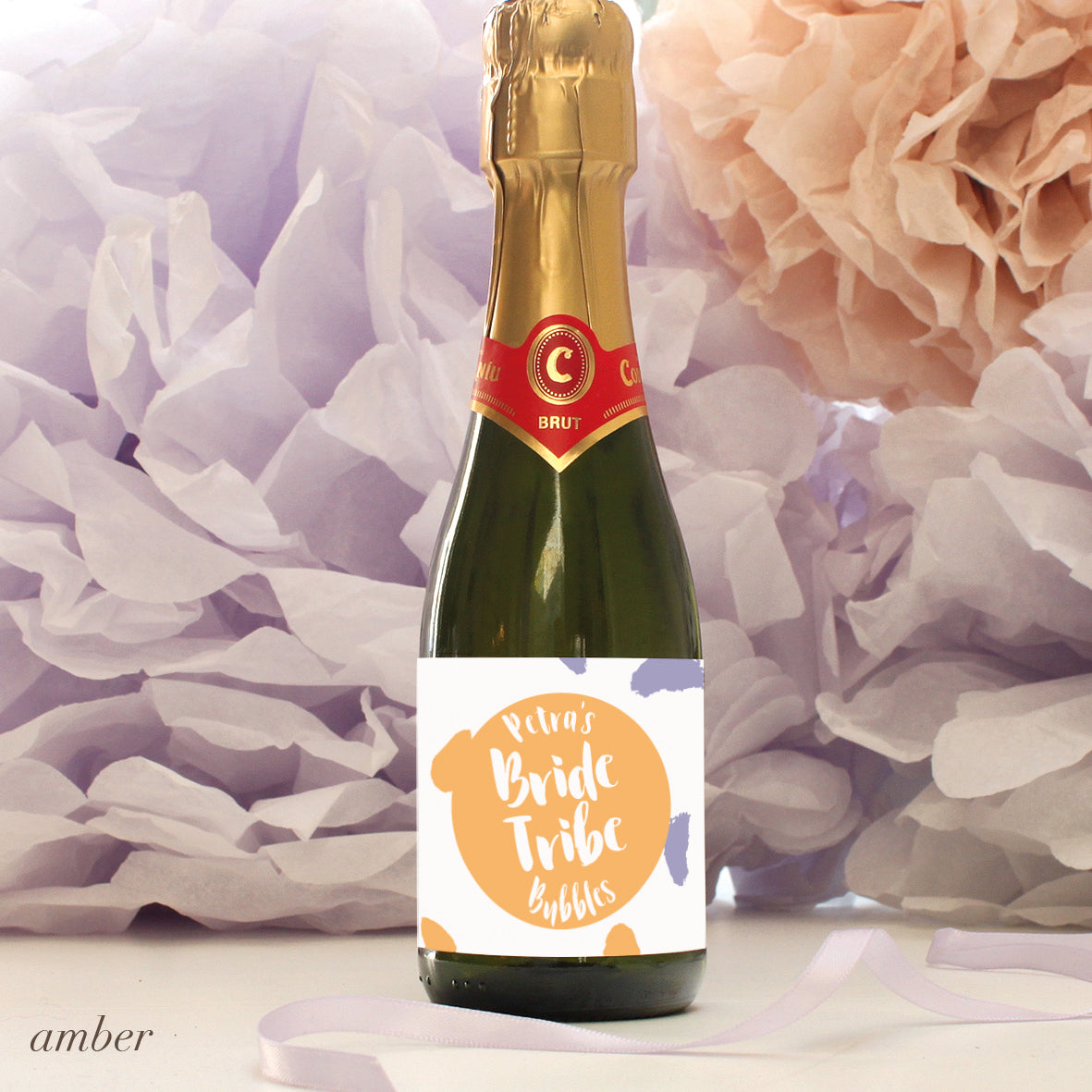 personalised amber bride tribe mini champagne labels, hen party