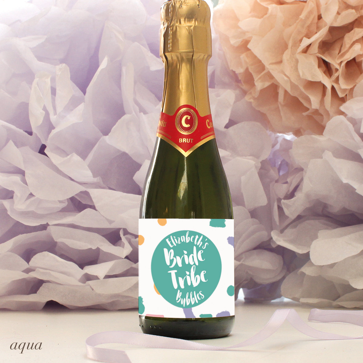 personalised aqua bride tribe mini champagne labels, hen party