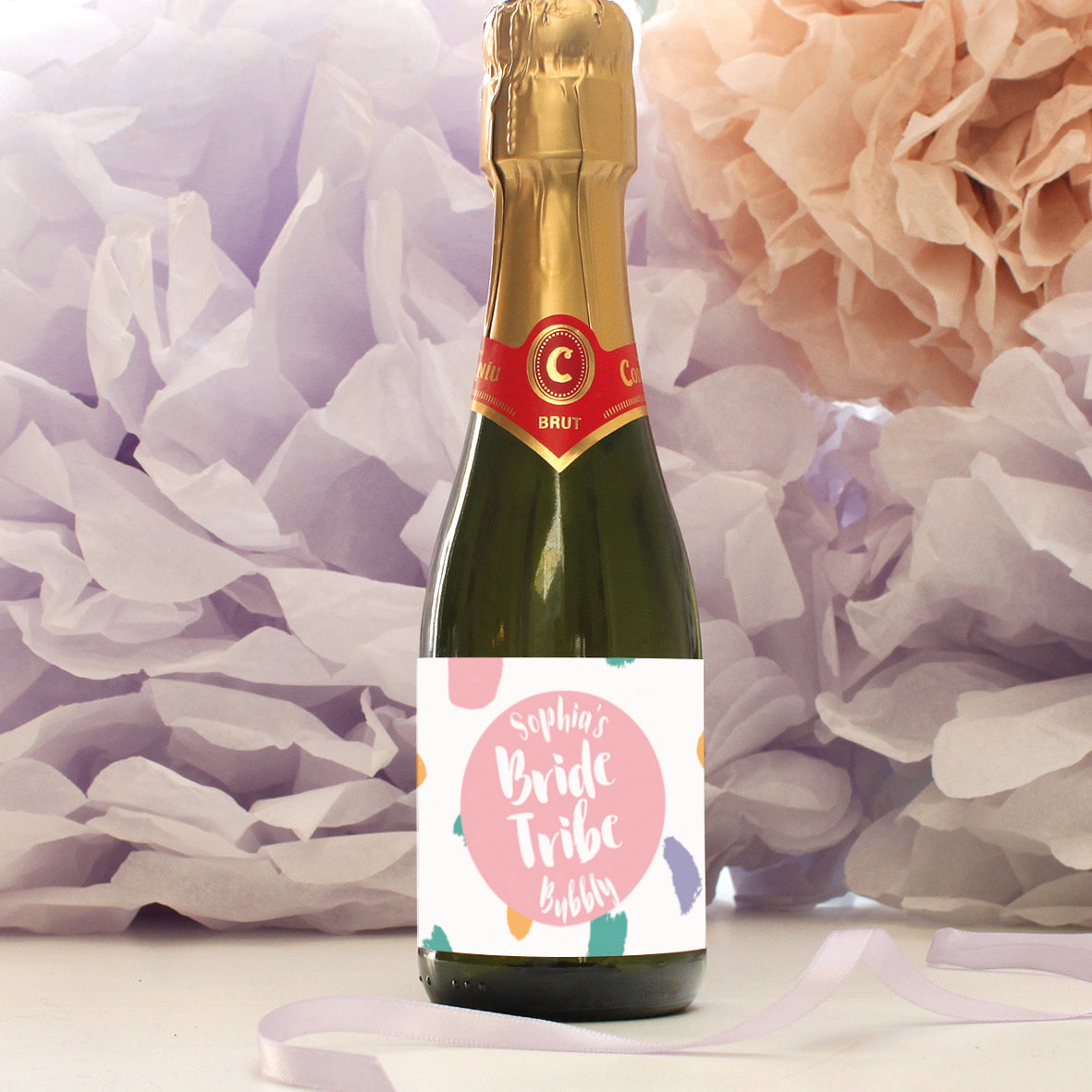 personalised rose bride tribe mini champagne labels, hen party
