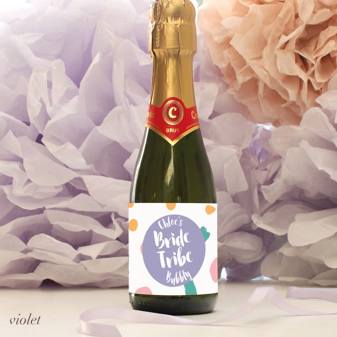 personalised violet bride tribe mini champagne labels, hen party
