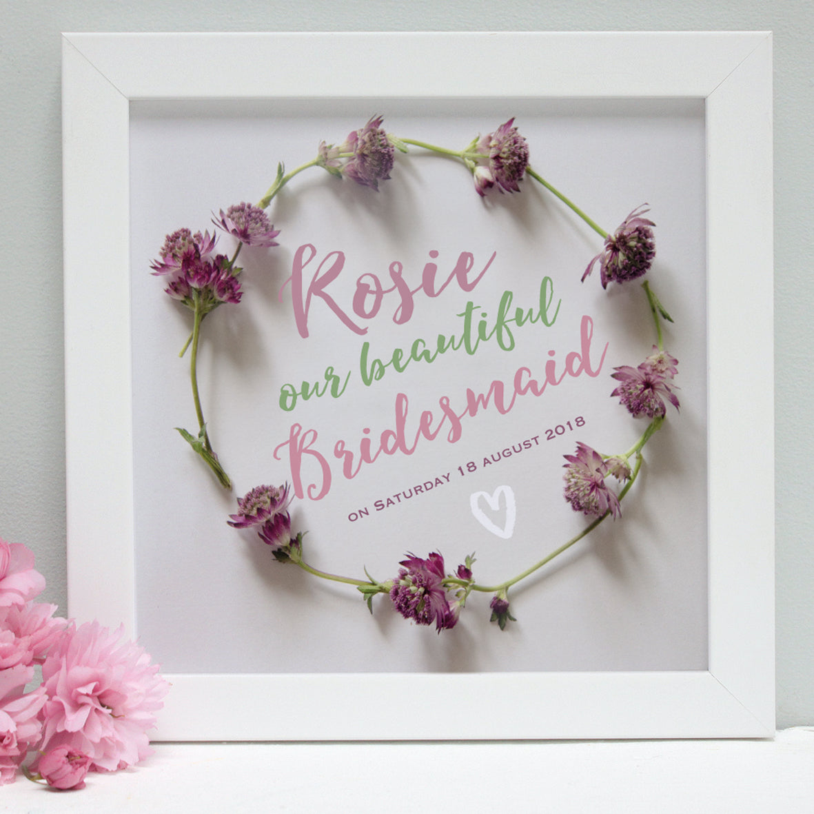 personalised daisy chain bridesmaid print, white frame