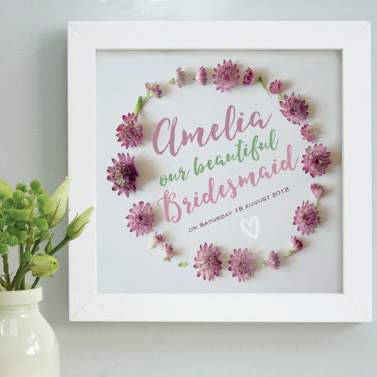 personalised separate daisies bridesmaid print, white frame