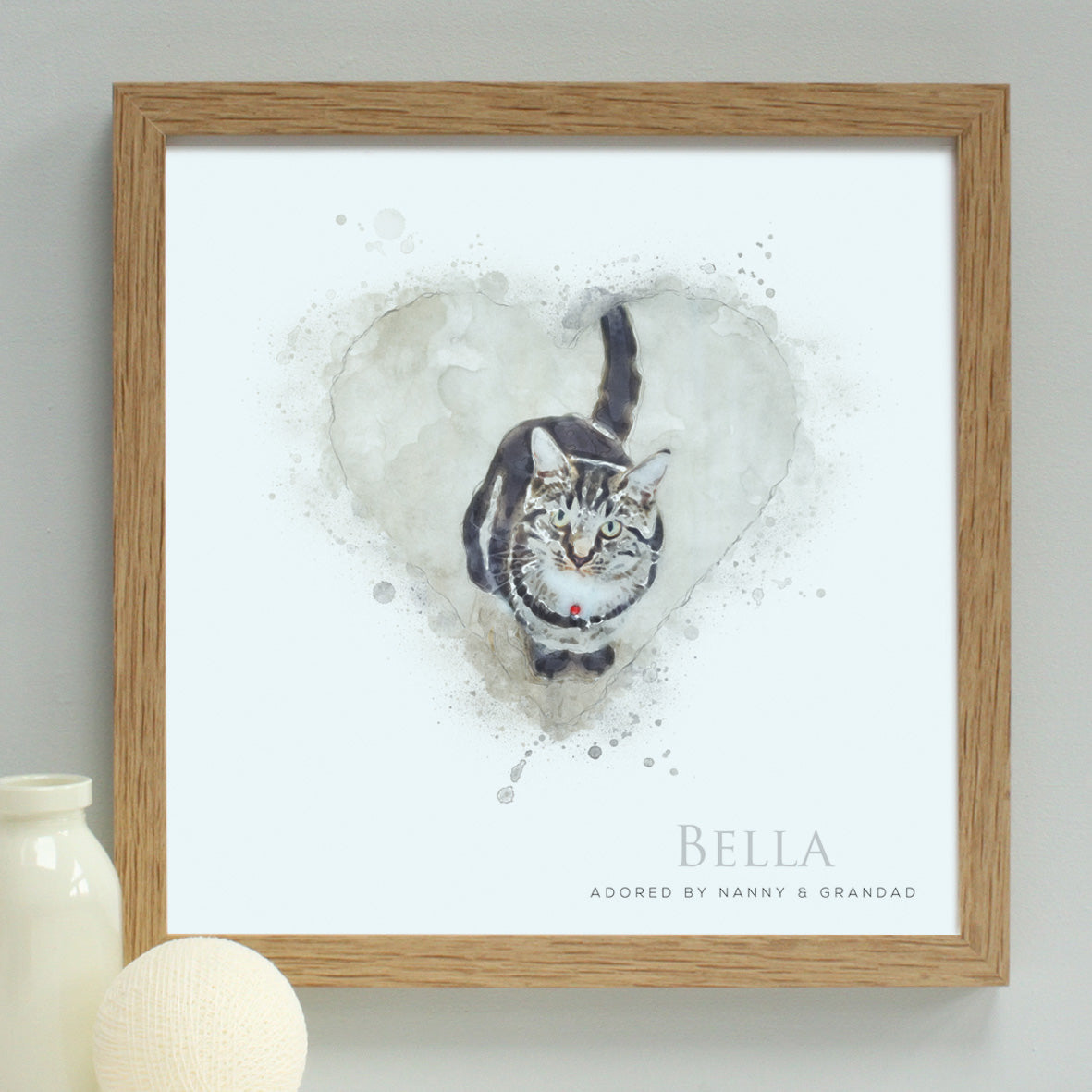 tabby cat in watercolour illustration heart, framed in an oak wooden frame