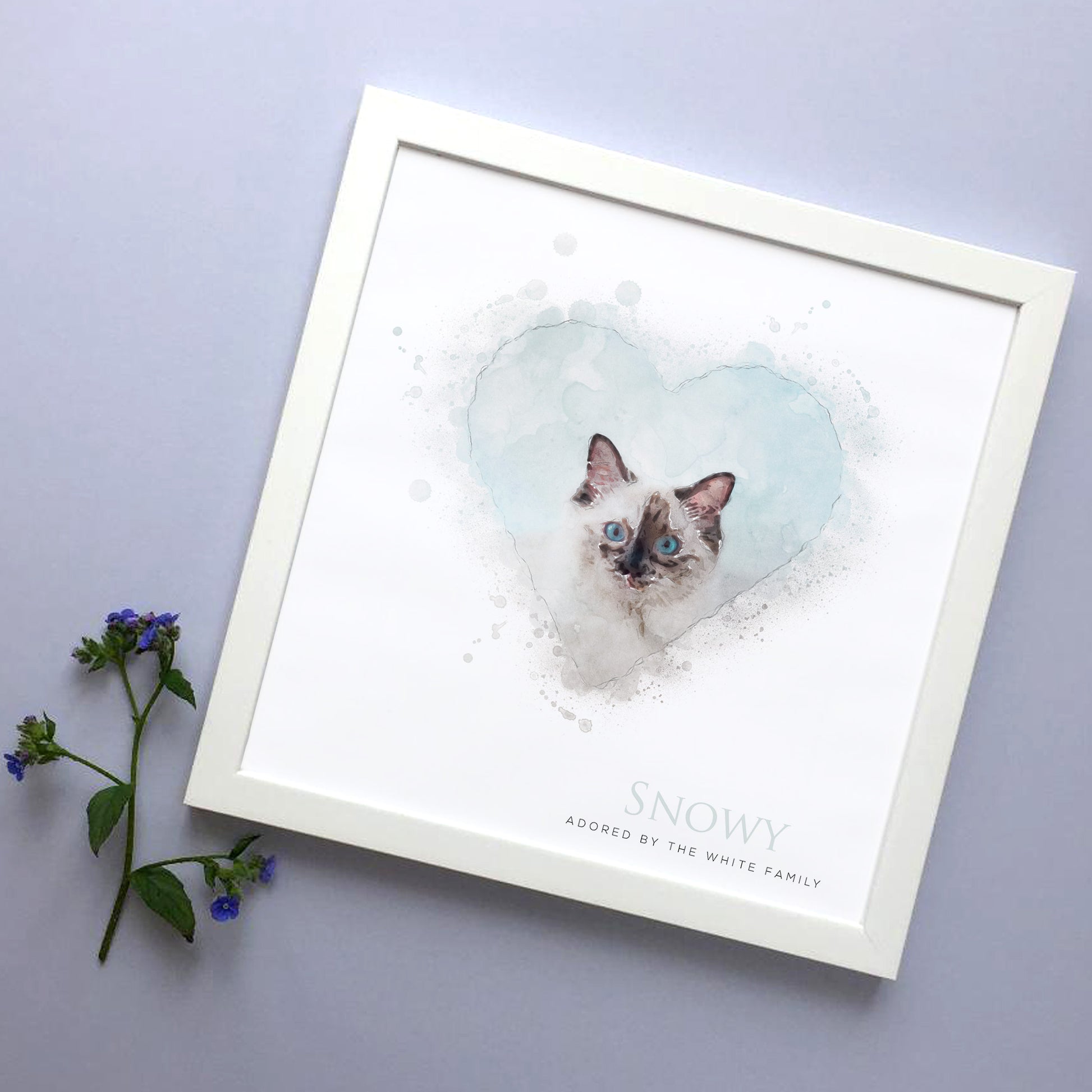 cat in soft watercolour illustration, framed in white wooden frame