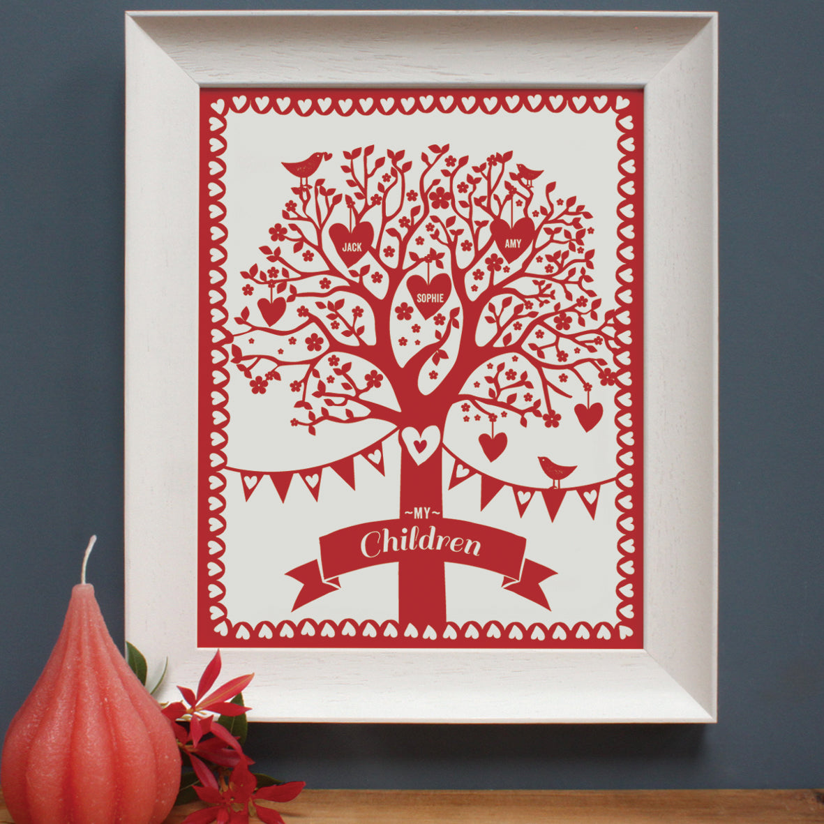personalised rich red family tree print, white frame