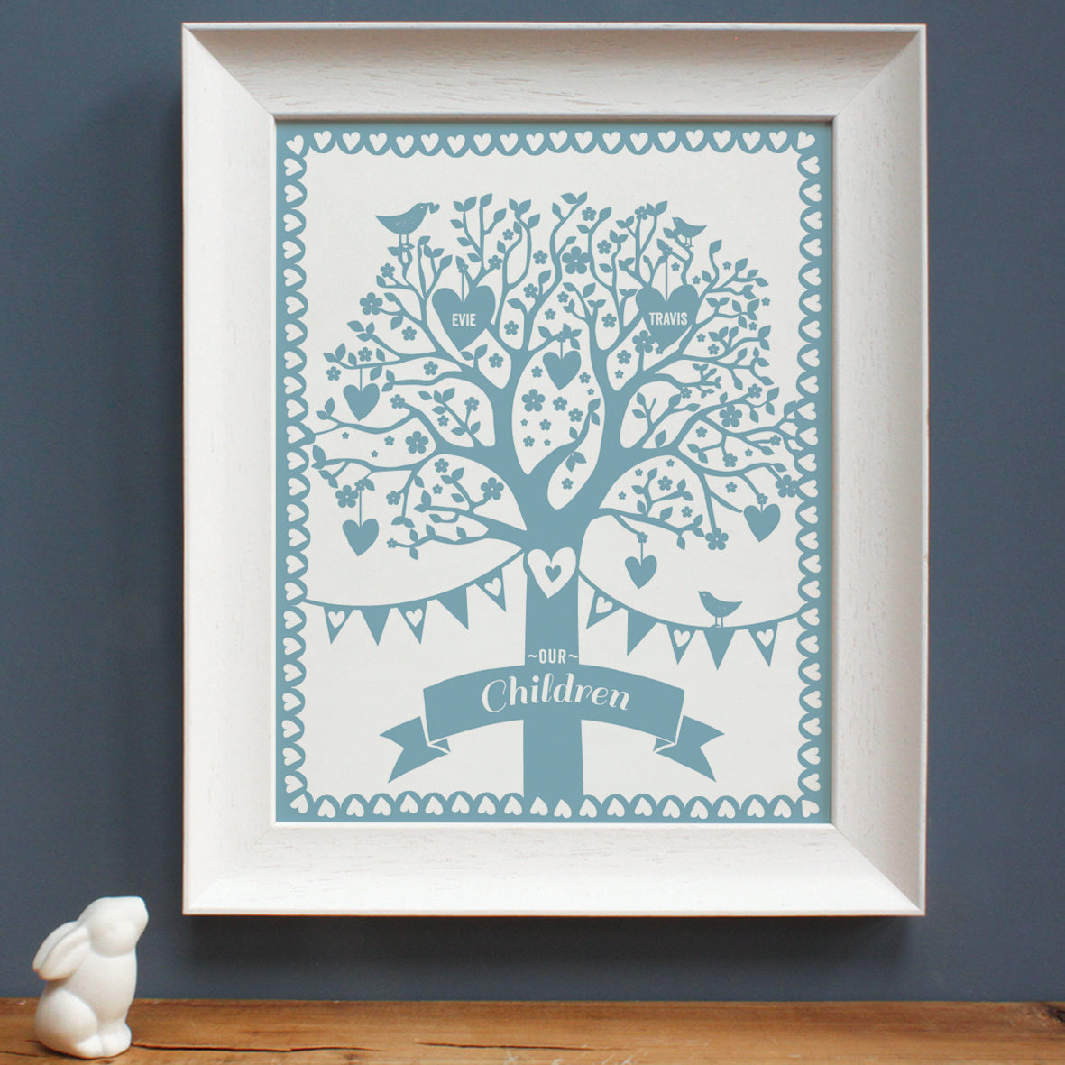 personalised family tree print duck egg blue, white frame