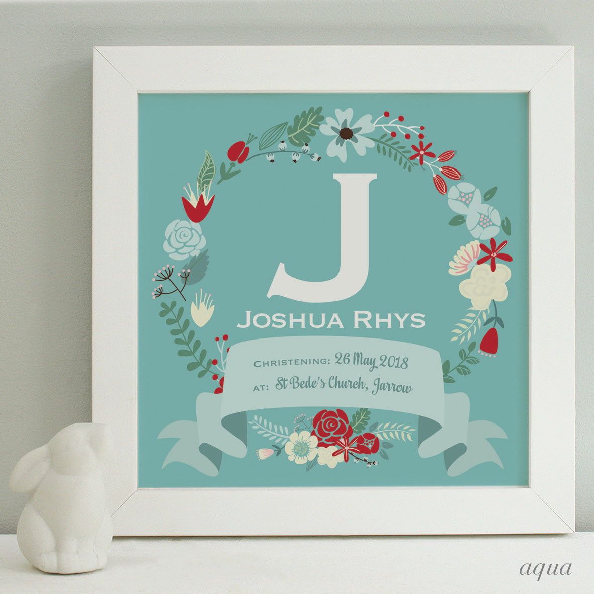 personalised aqua christening print, red flowers, white frame