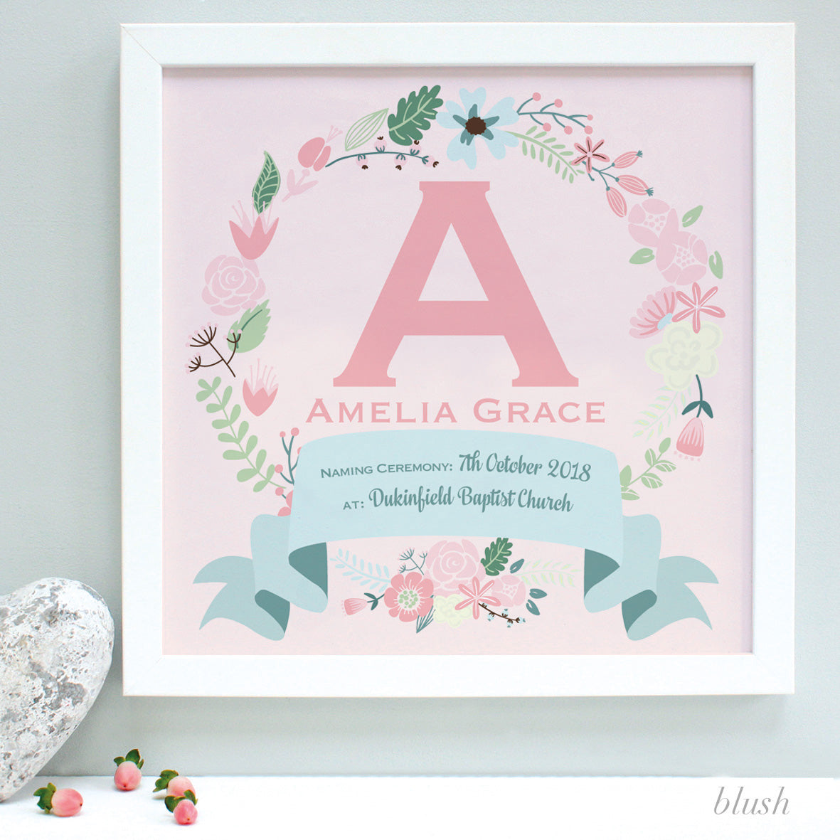 personalised blush christening print, pink flowers, white frame