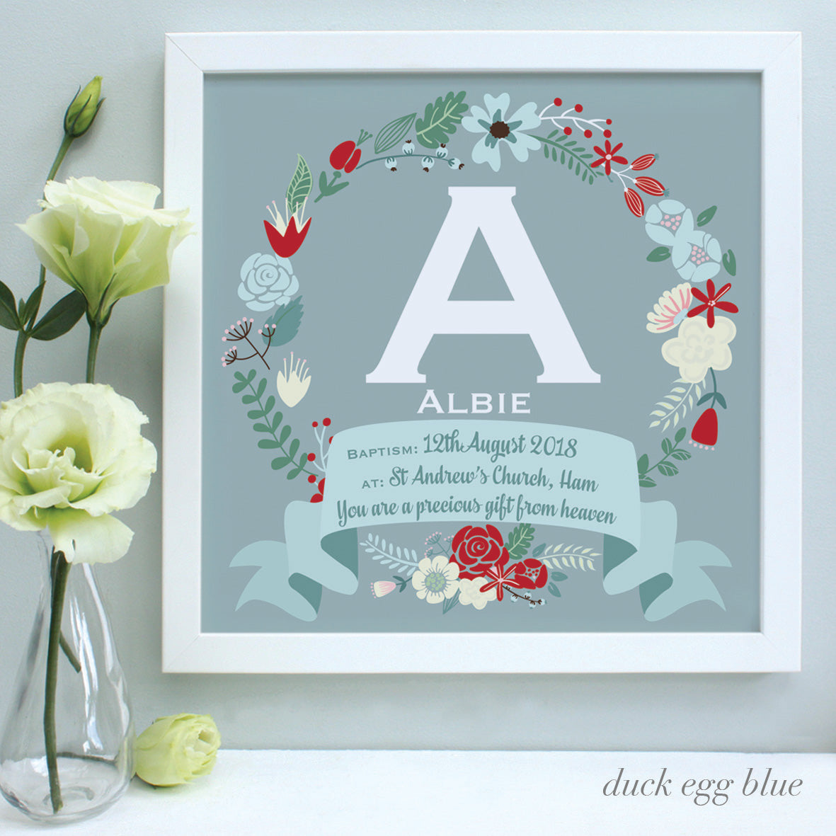 personalised duck egg christening print, red flowers, white frame