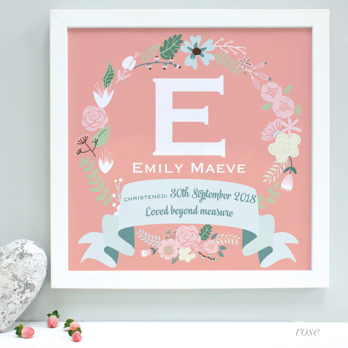 personalised rose christening print, pink flowers, white frame