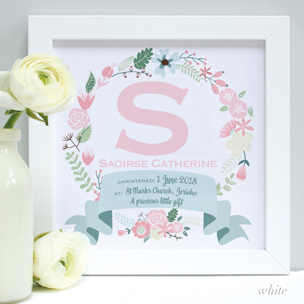 personalised white christening print, pink flowers, white frame