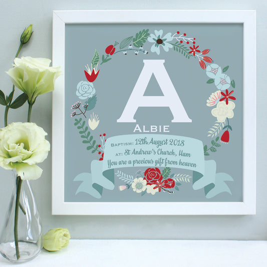 personalised christening print, duck egg blue background, red flowers, white frame