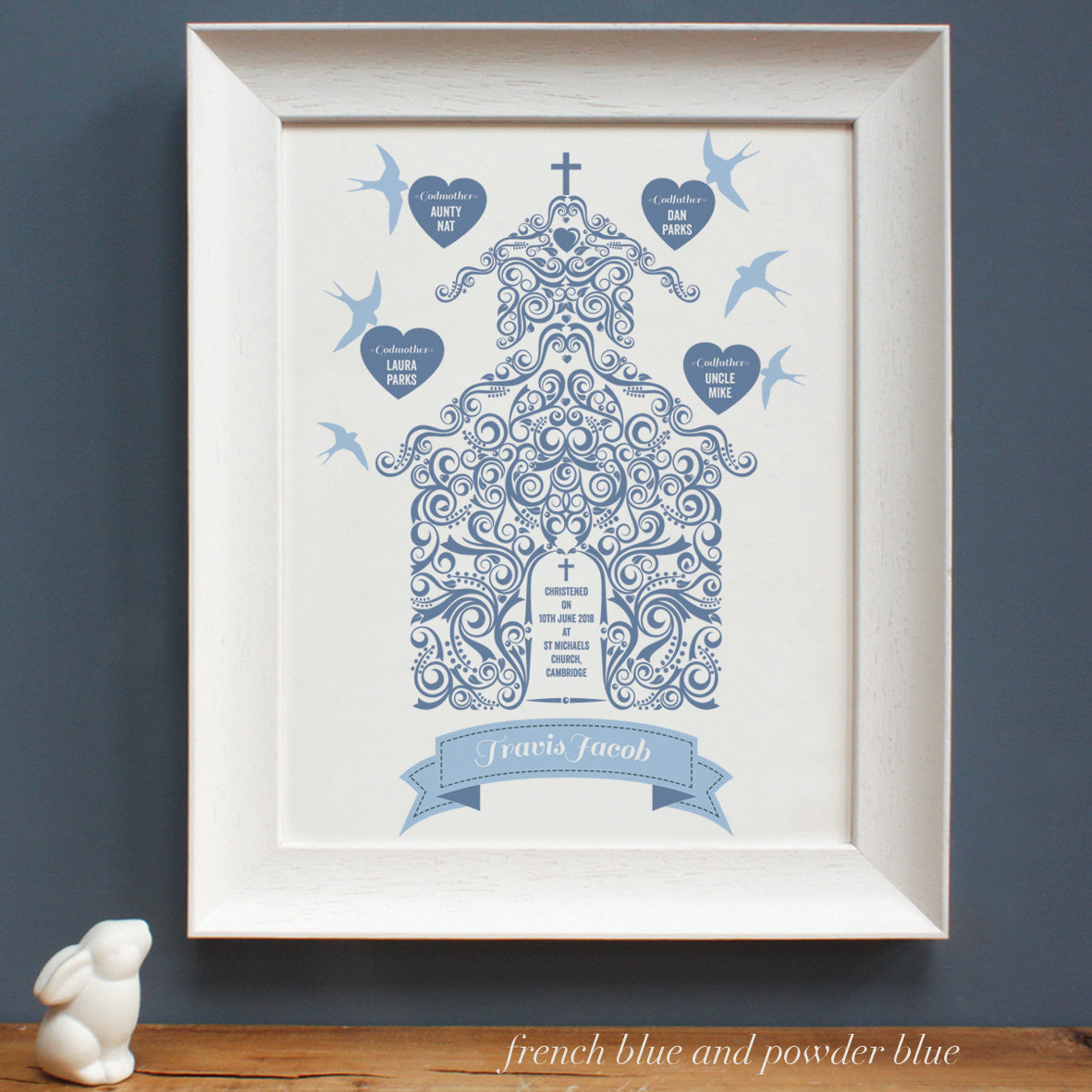 personalised french blue Godparents print, white frame
