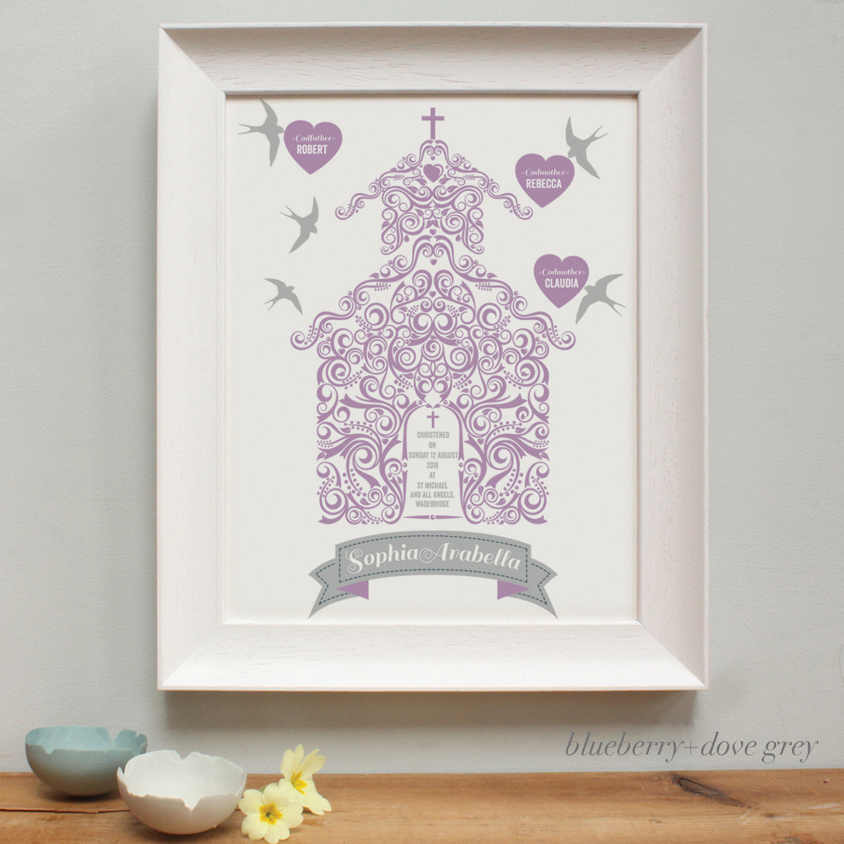 personalised blueberry Godparents print, white frame