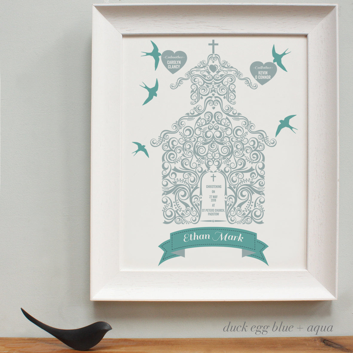 personalised duck egg Godparents print, white frame