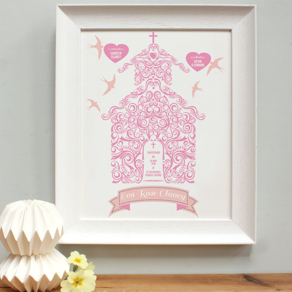 personalised raspberry Godparents print, white frame