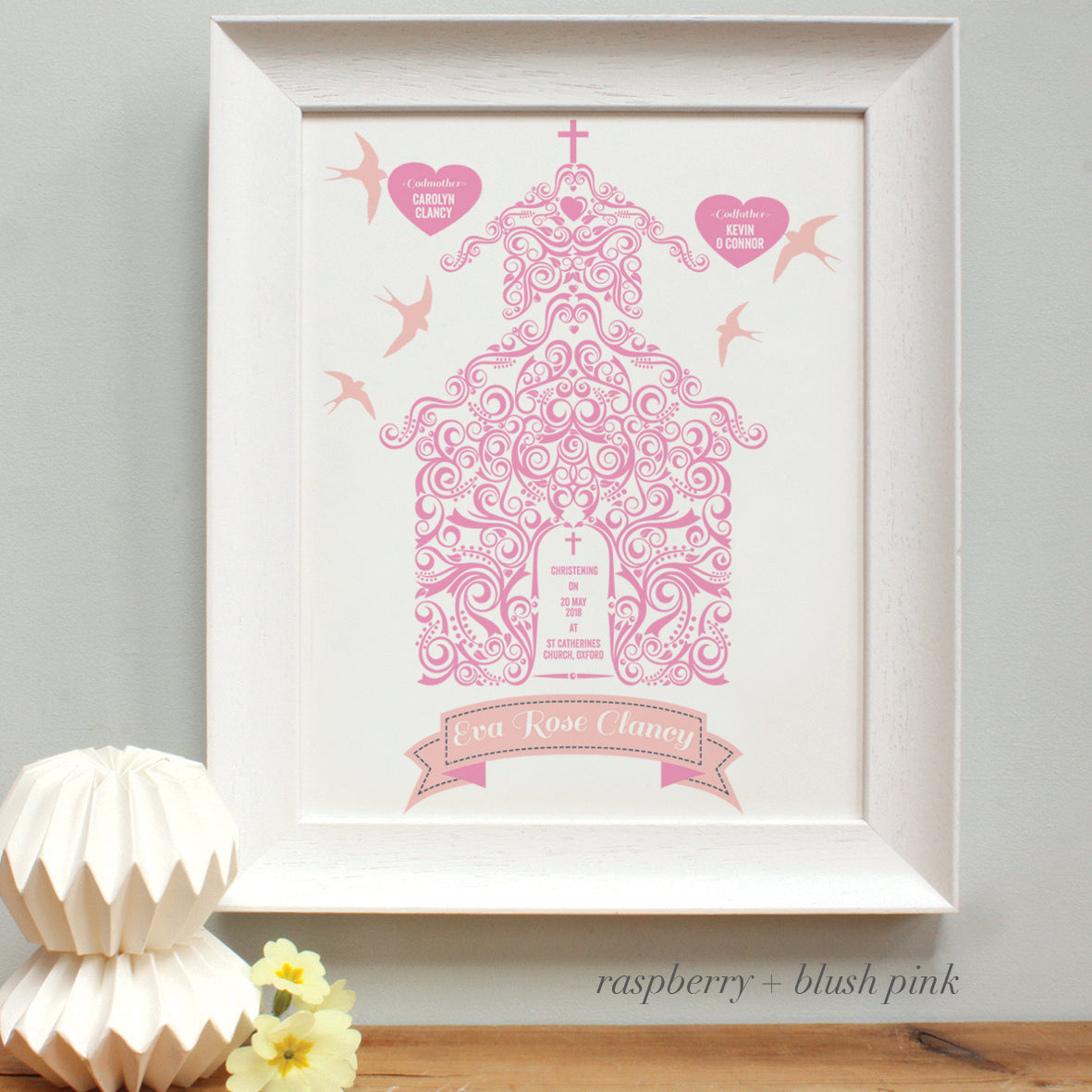 personalised raspberry Godparents print, white frame