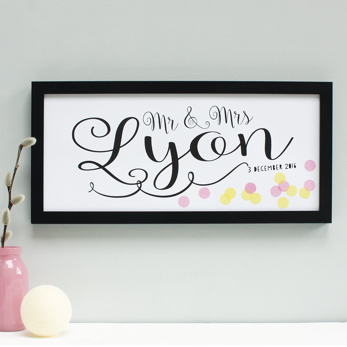 best personalized wedding gifts pink and lemon confetti wedding print, black frame