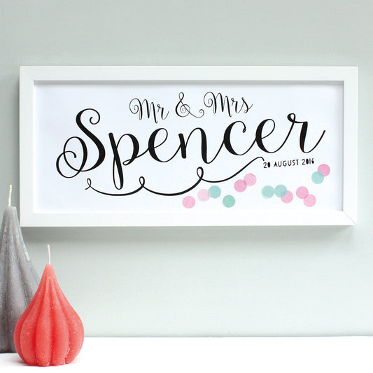 personalised wedding present in pink and aqua confetti wedding print, white frame