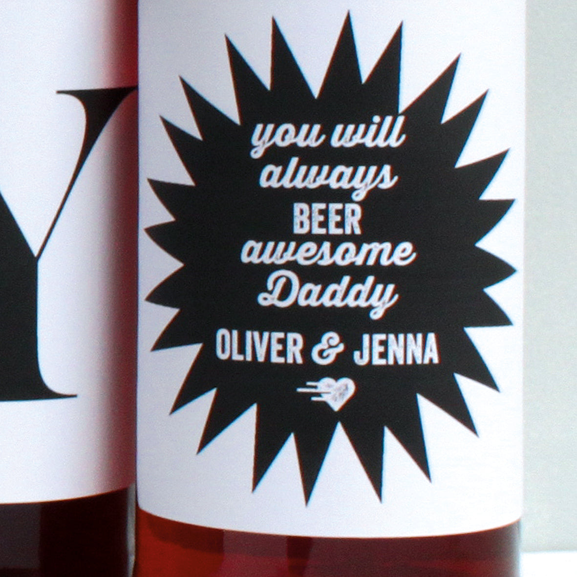 personalised black daddy beer labels, close up