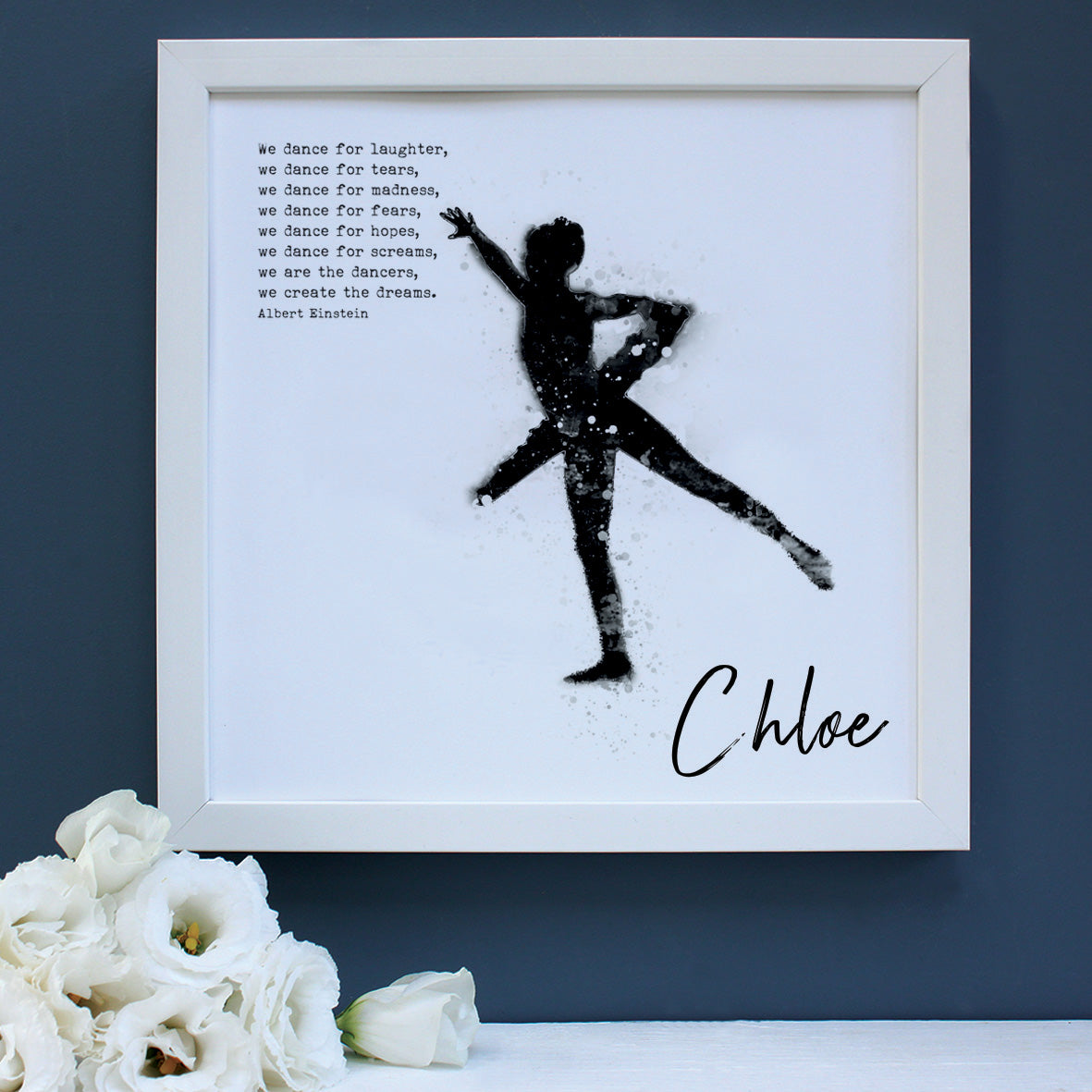 personalised watercolour ballet dancer portrait print in a black square frame