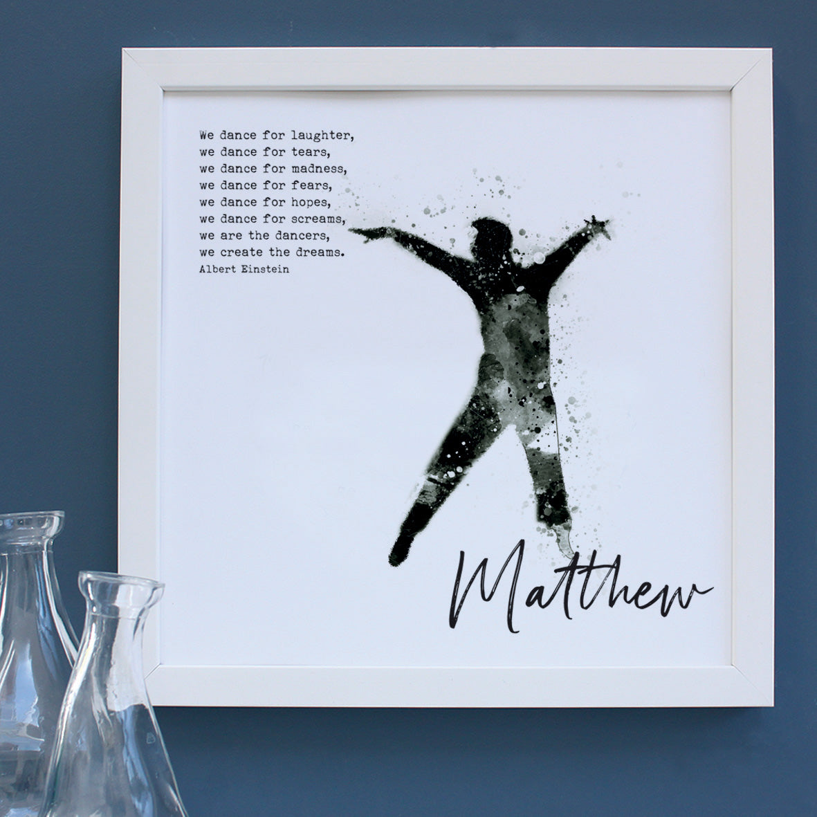 personalised expressive modern dancer portrait, white frame print