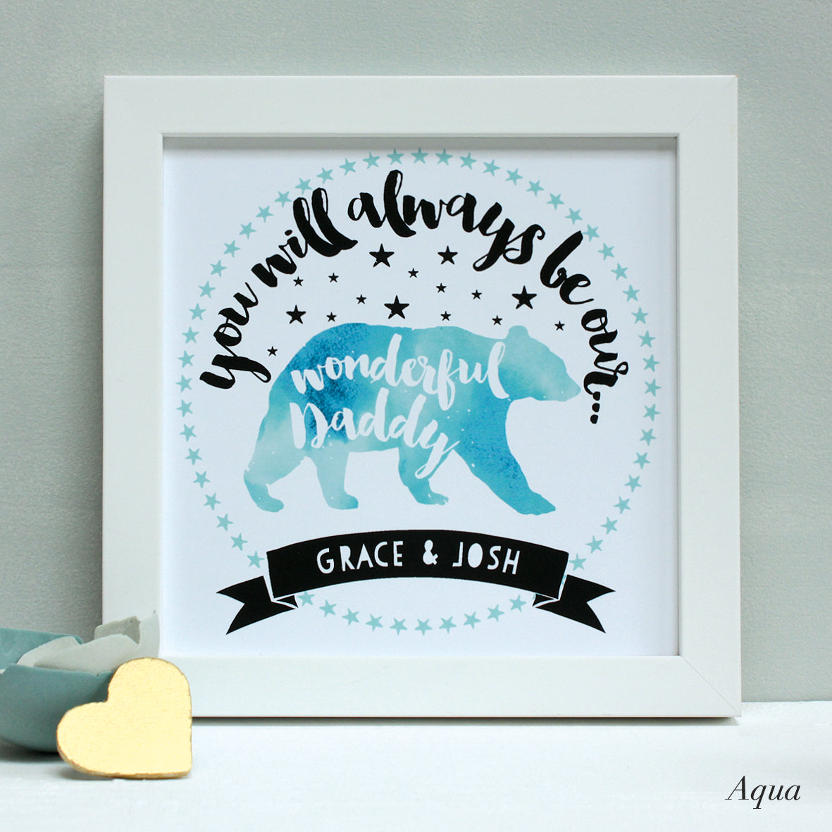 personalised aqua daddy bear print, white frame