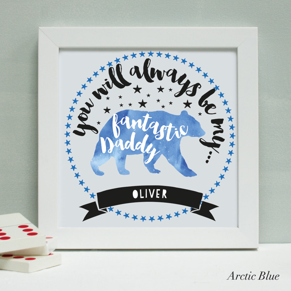 personalised arctic blue daddy bear print, white frame