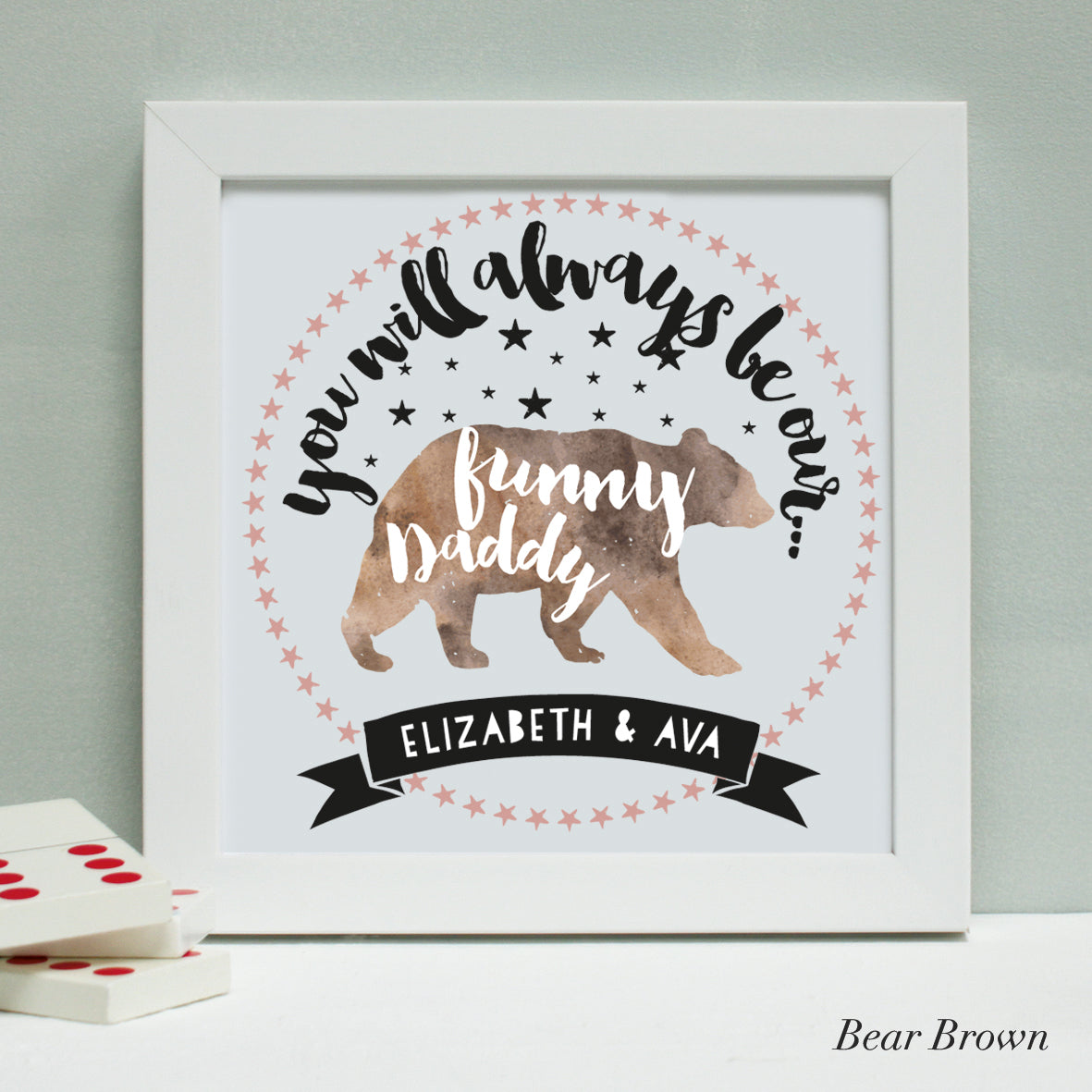 personalised bear brown daddy bear print, white frame