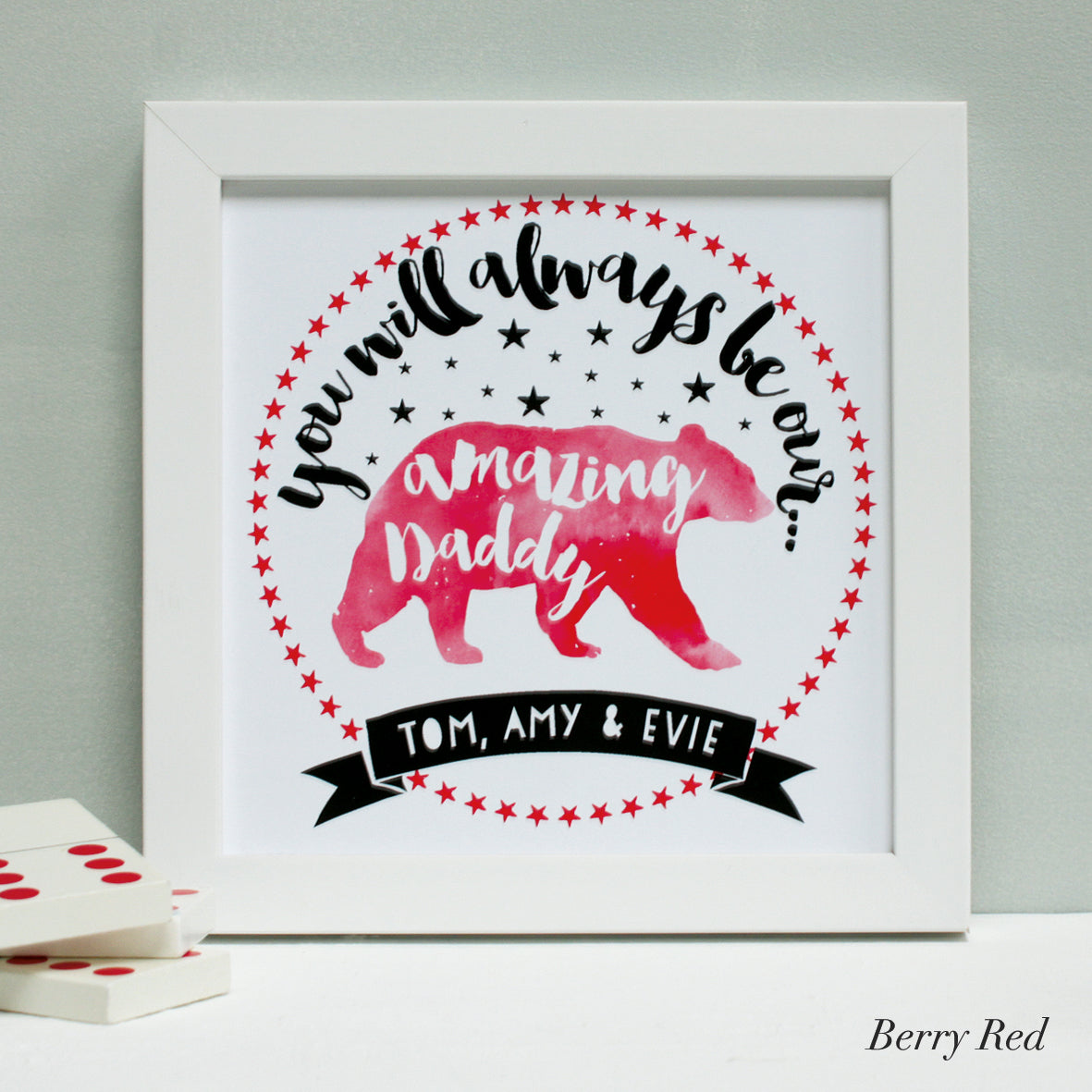 personalised berry red daddy bear print, white frame
