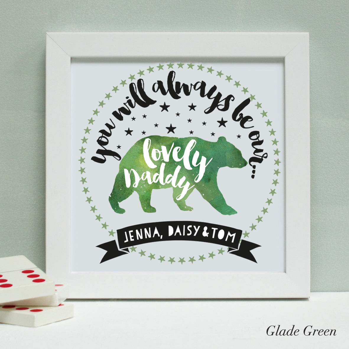 personalised glade green daddy bear print, white frame