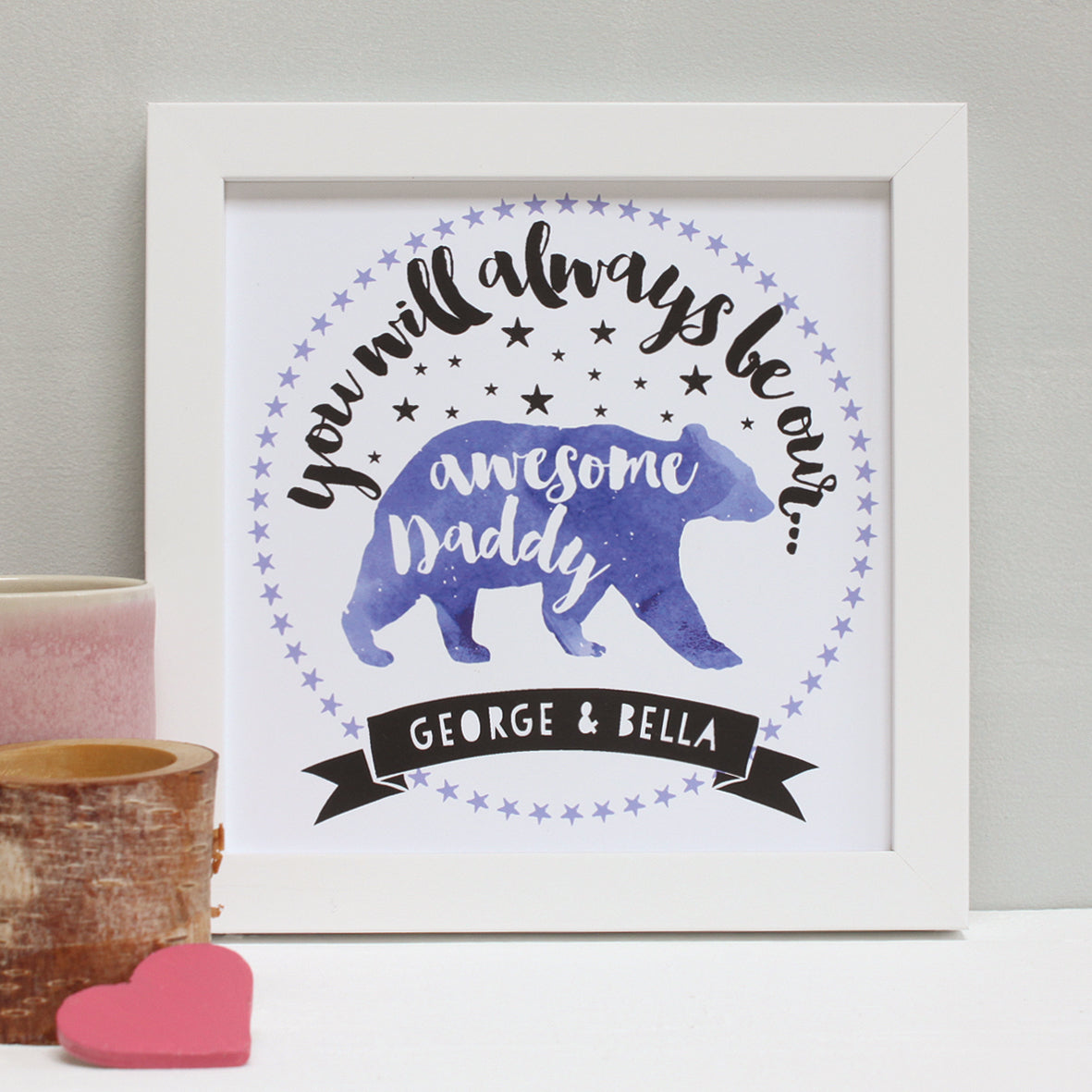 personalised indigo daddy bear print, white frame