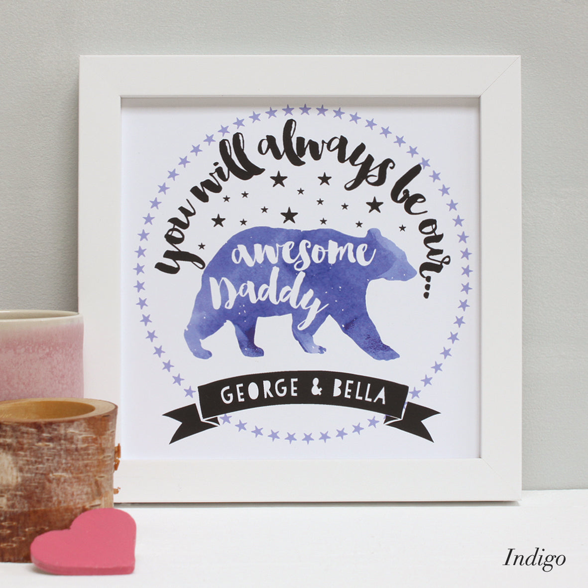 personalised indigo daddy bear print, white frame