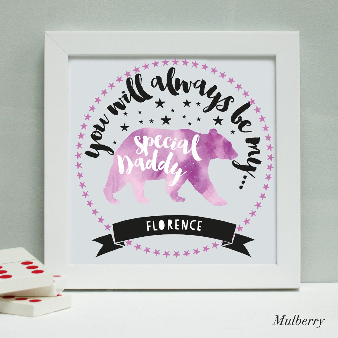 personalised mulberry daddy bear print, white frame