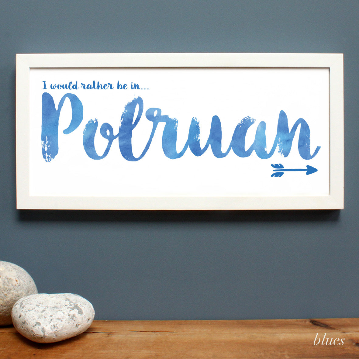 personalised Polruan holiday print, white frame