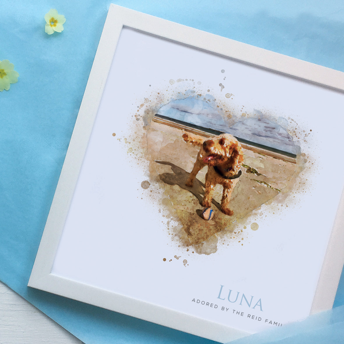 Cockerpoo dog on beach framed gift for birthday in a white frame