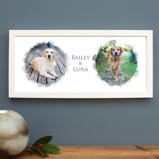 watercolour pet illustration of a labrador and golden retiever in a white frame