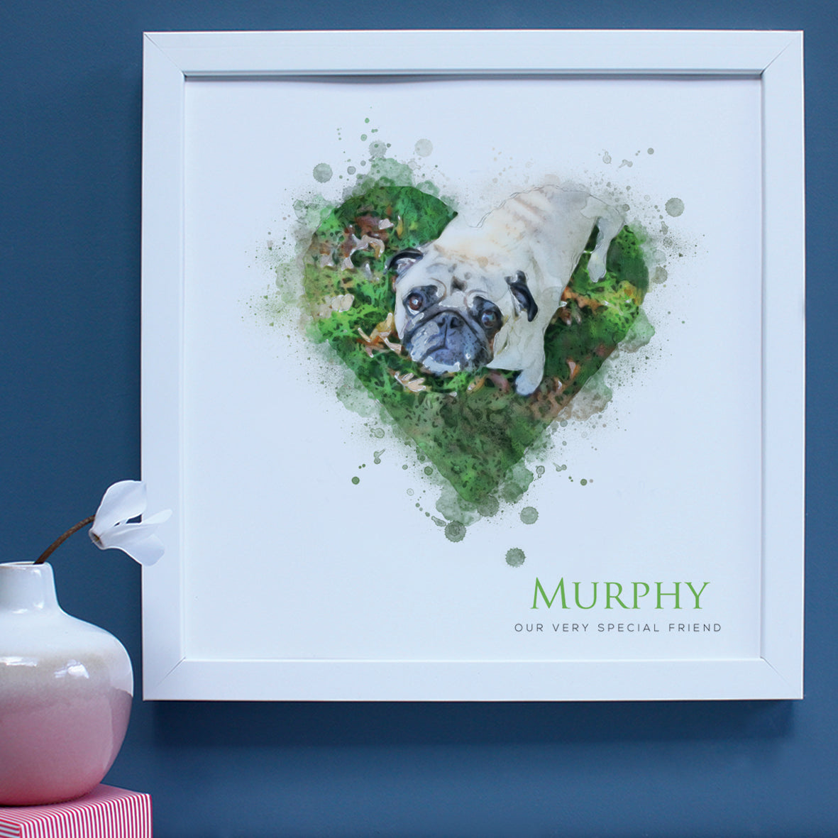 Gift for a couple of a pug in a heart in a white frame