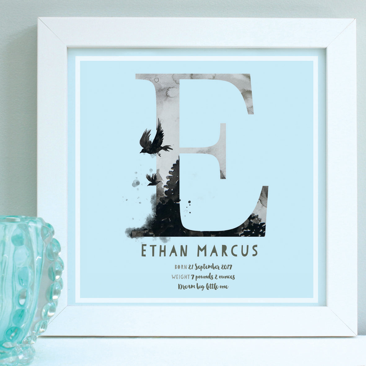 personalised blue new baby print, white frame