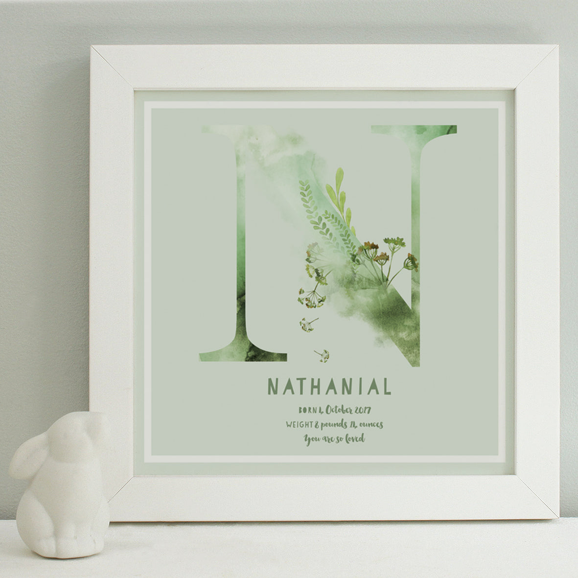 personalised sage new baby print, white frame