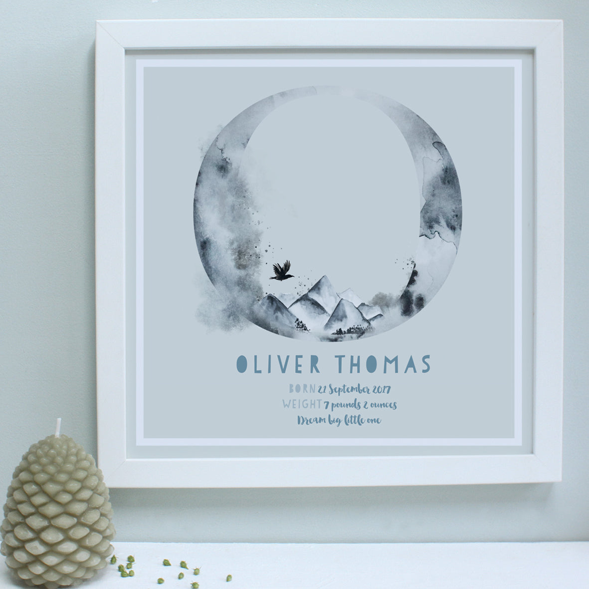 personalised dove grey new baby print, white frame