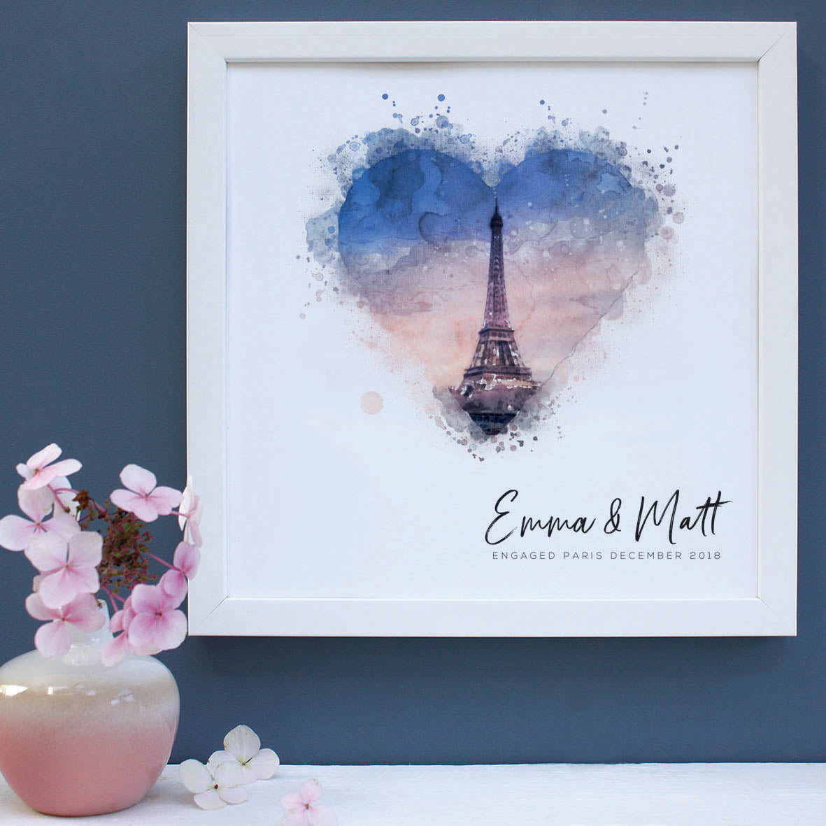 framed print engagement gift of Paris in white frame