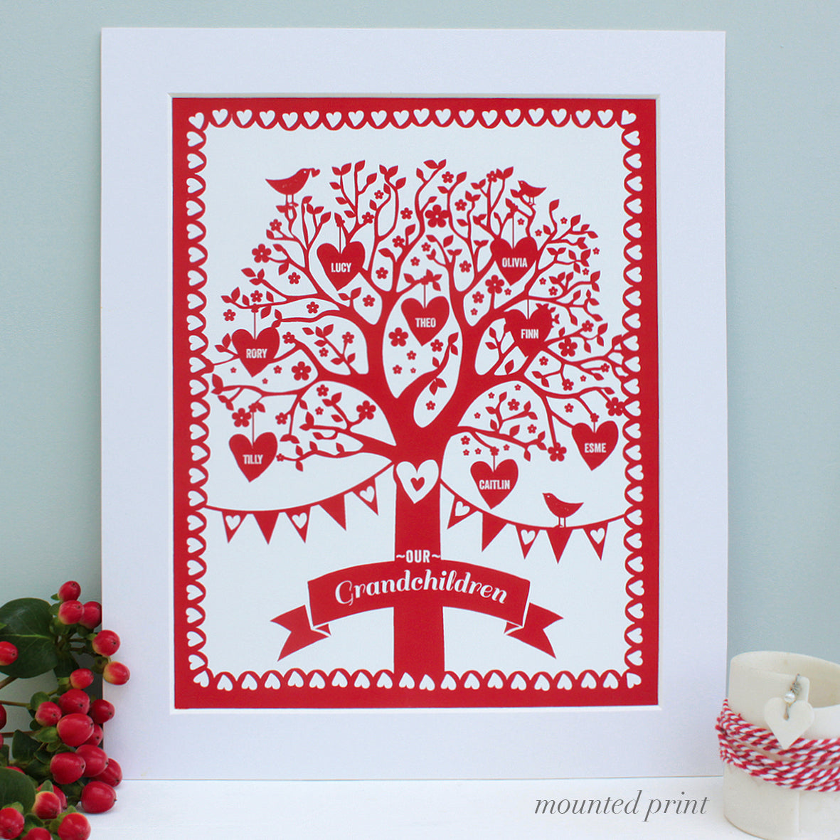 personalised red family tree in a white mount