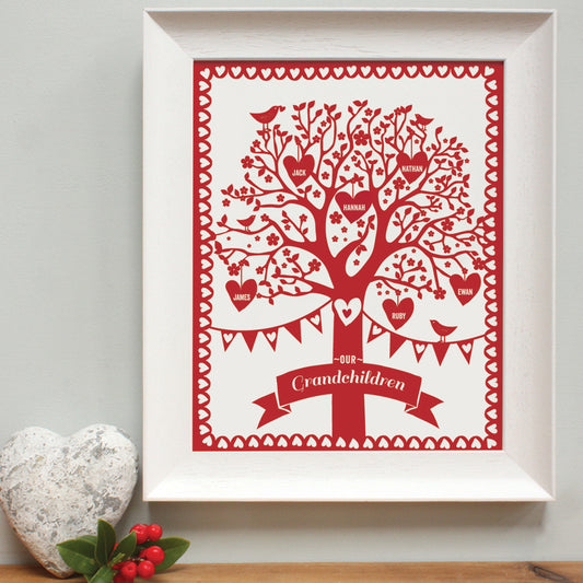 personalised grandchildren red family tree, white frame