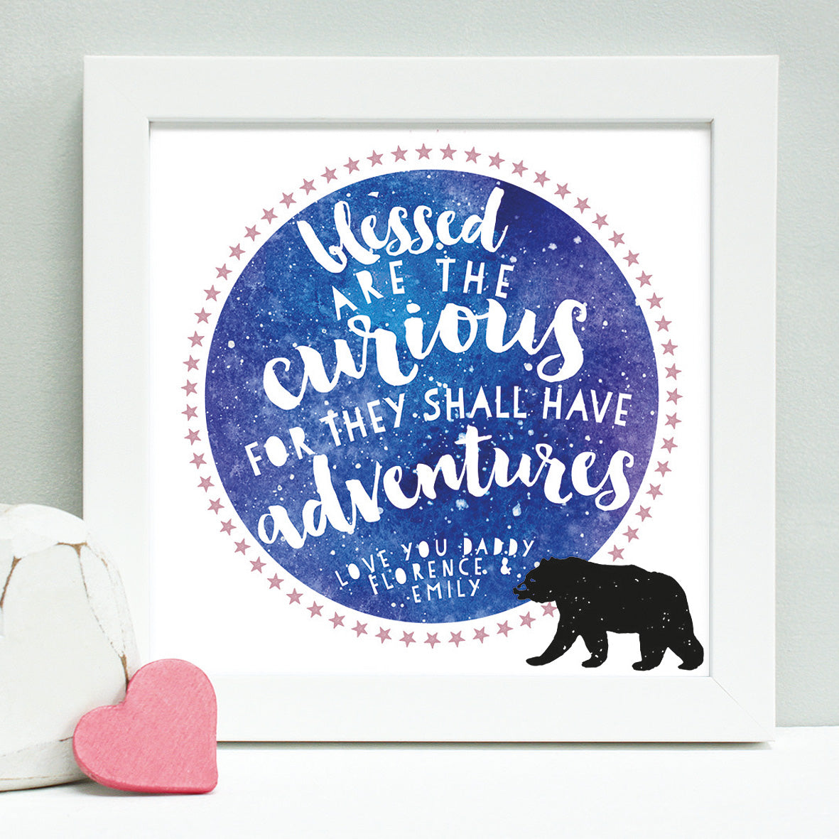 personalised fathers day adventure print, white frame