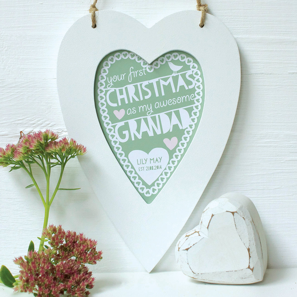 personalised sage daddy 1st christmas, white heart frame