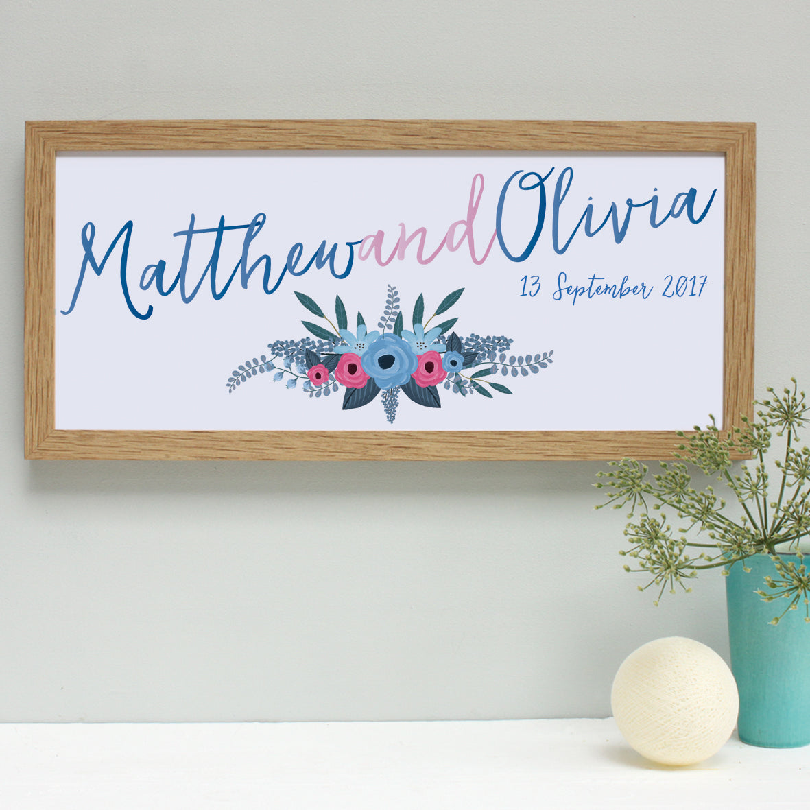 indigo and blush wedding print, oak frame