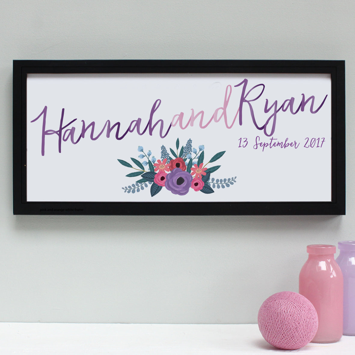 pinks and purples wedding print, black frame