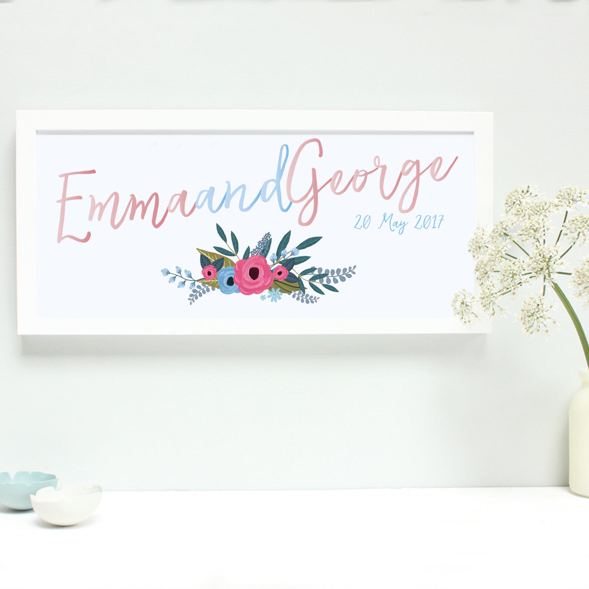 powder blue and blush wedding print, white frame