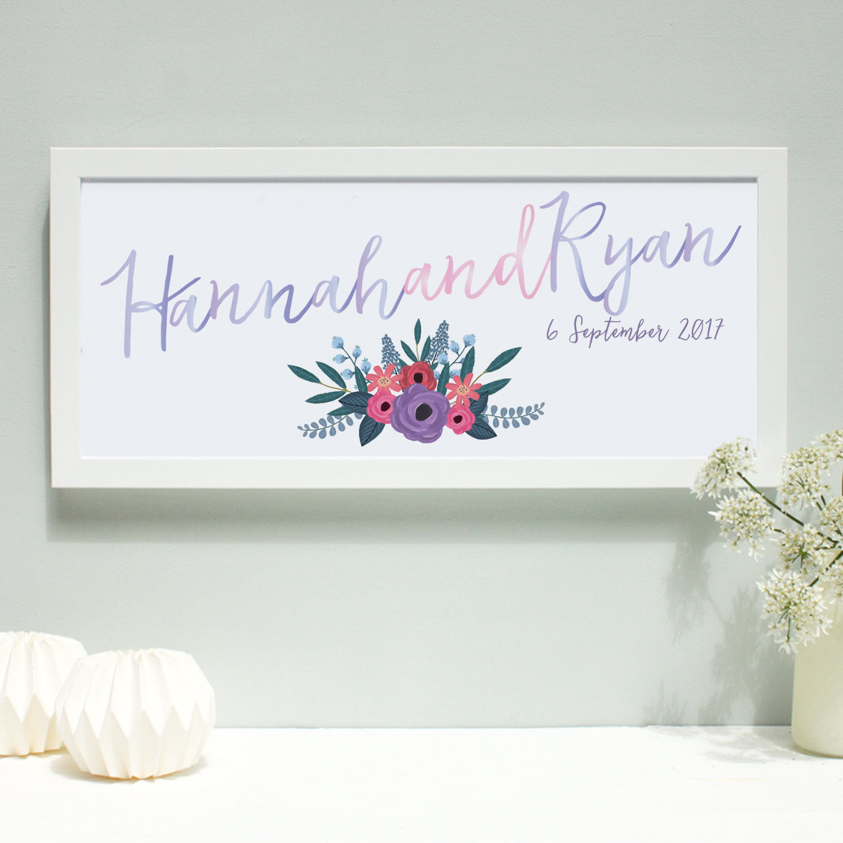 lilac and blush wedding print, white frame